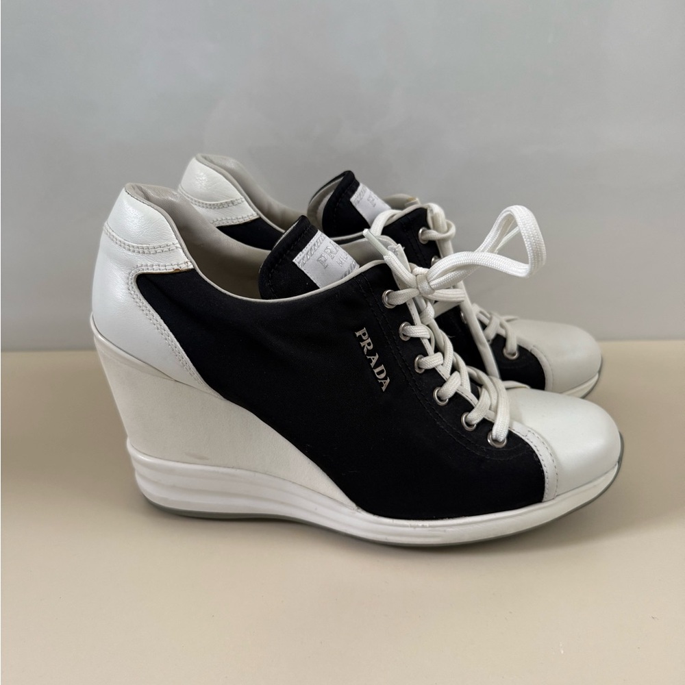 Prada Women's Black and White Nylon Wedge Sneakers